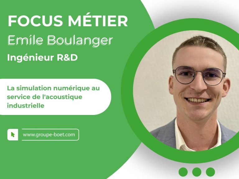 Visuel Focus métier du Groupe BOËT présentant, ingénieur R&D, et le rôle de la simulation numérique dans l'acoustique industrielle