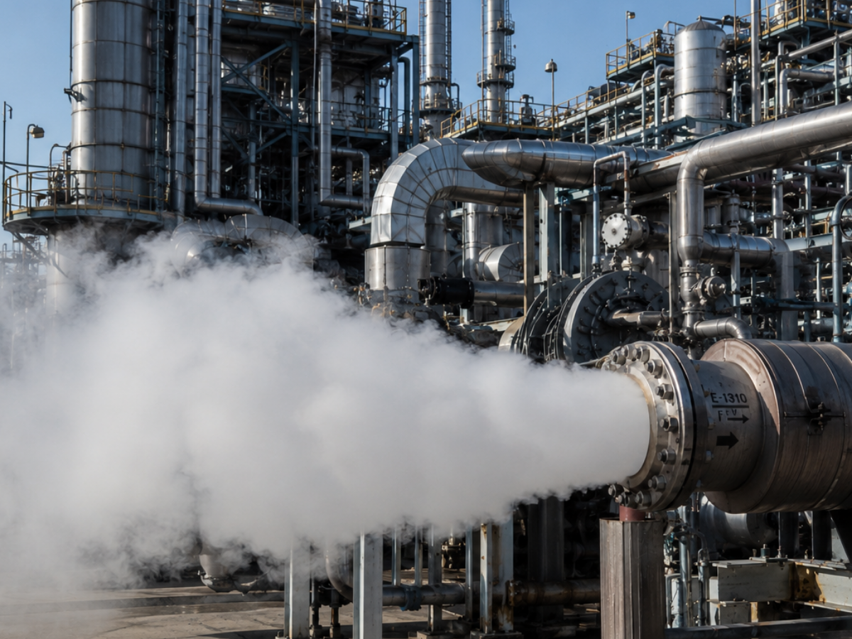 Rejet de vapeur à l'atmosphère par une ligne de mise à l'air sur une unité pétrochimique, source de bruit à traiter par silencieux